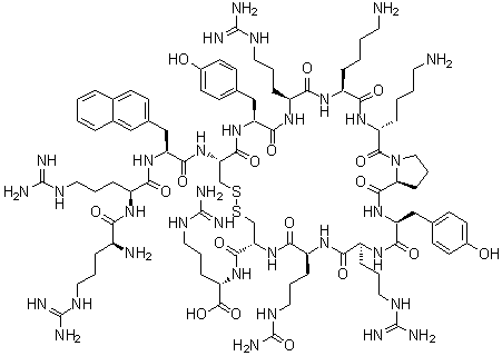 CAS # 229030-20-0, L-Arginyl-L-arginyl-3-(2-naphthalenyl)-L-alanyl-L-cysteinyl-L-tyrosyl-L-arginyl-L-lysyl-D-lysyl-L-prolyl-L-tyrosyl-L-arginyl-N5-(aminocarbonyl)-L-ornithyl-L-cysteinyl-L-arginine cyclic (4→13)-disulfide, T 140, T 140 (peptide)