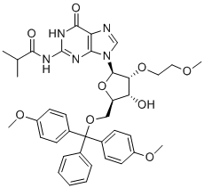 CAS # 251647-50-4, N-(9-((2R,3R,4R,5R)-5-((Bis(4-methoxyphenyl)(phenyl)methoxy)methyl)-4-hydroxy-3-(2-methoxyethoxy)tetrahydrofuran-2-yl)-6-oxo-6,9-dihydro-1H-purin-2-yl)isobutyramide, 5'-O-[Bis(4-methoxyphenyl)(phenyl)methyl]-N-isobutyryl-2'-O-(2-methoxyethyl)guanosine