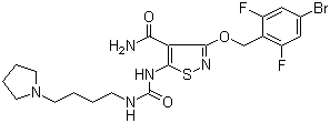 CAS # 252003-65-9, 3-[(4-Bromo-2,6-difluorobenzyl)oxy]-5-[3-[4-(pyrrolidin-1-yl)butyl]ureido]isothiazole-4-carboxamide, CP-547632