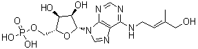 CAS # 25615-16-1, N-[(2E)-4-Hydroxy-3-methyl-2-buten-1-yl]-5'-adenylic acid, Zeatin ribonucleotide, Zeatin riboside 5'-monophosphate, Zeatin riboside 5'-phosphate, Zeatin ribotide, Zeatin-9-beta-D-ribofuranoside 5'-monophosphate, trans-Zeatin riboside-5'-monophosphate, trans-Zeatin-9-riboside-5'-monophosphate