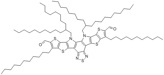 structure of CAS# 2599837-57-5, 12,13-Dihydro-12,13-bis(2-octyldodecyl)-3,9-diundecyldithieno[2'',3'':4',5']thieno[2',3':4,5]pyrrolo[3,2-e:2',3'-g][2,1,3]benzothiadiazole-2,10-dicarboxaldehyde