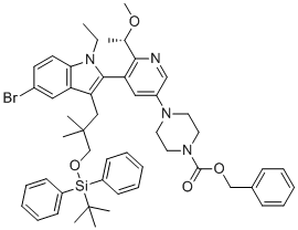 CAS # 2641451-81-0, benzyl (S)-4-(5-(5-bromo-3-(3-((tert-butyldiphenylsilyl)oxy)-2,2-dimethylpropyl)-1-ethyl-1H-indol-2-yl)-6-(1-methoxyethyl)pyridin-3-yl)piperazine-1-carboxylate, benzyl 4-[5-[5-bromo-3-[3-[tert-butyl(diphenyl)silyl]oxy-2,2-dimethylpropyl]-1-ethylindol-2-yl]-6-[(1S)-1-methoxyethyl]-3-pyridinyl]piperazine-1-carboxylate