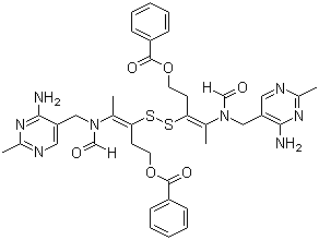 CAS # 2667-89-2, Bisbentiamine, N,N'-(Dithiobis(2-(2-hydroxyethyl)-1-methylvinylene))bis(N-((4-amino-2-methyl-5-pyrimidinyl)methyl)formamide) dibenzoate