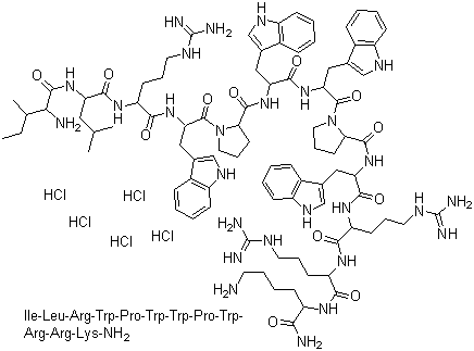 CAS # 269062-93-3, Omiganan pentahydrochloride, L-Isoleucyl-L-leucyl-L-arginyl-L-tryptophyl-L-prolyl-L-tryptophyl-L-tryptophyl-L-prolyl-L-tryptophyl-L-arginyl-L-arginyl-L-lysinamide hydrochloride