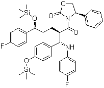 structure of CAS# 272778-12-8, 3-[(2R,5S)-5-(4-Fluorophenyl)-2-[(S)-[(4-fluorophenyl(amino)]][4-[trimethylsilyl]-oxy]phenyl]methyl]-1-oxo-5-[(trimethylsily)-oxy]pentyl]-4-phenyl-(4S)-2-oxazolidinone