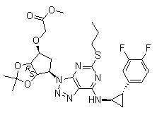 structure of CAS# 274693-25-3, 2-[[(3aR,4S,6R,6aS)-6-[7-[[(1R,2S)-2-(3,4-二氟苯基)环丙基]氨基]-5-(丙硫基)-3H-1,2,3-三氮唑并[4,5-d]嘧啶-3-基]四氢-2,2-二甲基-4H-环戊烯并-1,3-二恶茂-4-基]氧基]乙酸甲酯