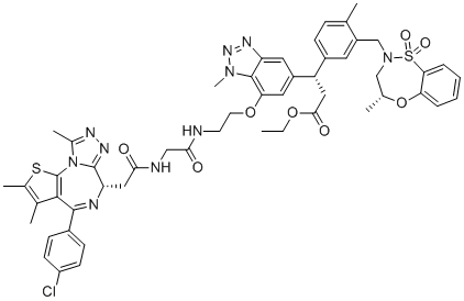 CAS # 2762181-19-9, MS83, ethyl (S)-3-(7-(2-(2-(2-((S)-4-(4-chlorophenyl)-2,3,9-trimethyl-6H-thieno[3,2-f][1,2,4]triazolo[4,3-a][1,4]diazepin-6-yl)acetamido)acetamido)ethoxy)-1-methyl-1H-benzo[d][1,2,3]triazol-5-yl)-3-(4-methyl-3-(((R)-4-methyl-1,1-dioxido-3,4-dihydro-2H-benzo[b][1,4,5]oxathiazepin-2-yl)methyl)phenyl)propanoate