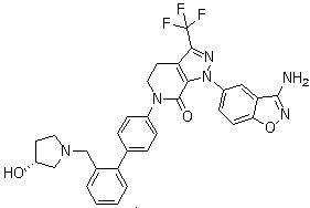 CAS 登录号：280118-23-2, BMS 740808, 1-(3-氨基-1,2-苯并[d]异噁唑-5-基)-3-三氟甲基-6-[4-[2-[[(3R)-3-羟基-1-吡咯烷基]甲基]苯基]苯基]-1,4,5,6-四氢-7H-吡唑并[3,4-c]吡啶-7-酮