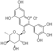 CAS # 29907-19-5, 3-[(6-Deoxy-alpha-L-mannopyranosyl)oxy]-5,7-dihydroxy-2-(3,4,5-trihydroxyphenyl)-1-benzopyrylium chloride (1:1), 3',4',5,5',7-Pentahydroxy-3-(alpha-L-rhamnosyloxy)flavylium chloride