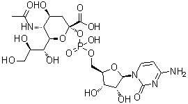 CAS # 3063-71-6, Cytidine 5'-monophosphate-N-acetylneuraminic acid, CMP-N-acetylneuraminic acid, CMP-NANA, CMP-Neu5Ac, CMP-NeuAc, N-Acetyl-beta-neuraminic acid 2-(hydrogen 5'-cytidylate)