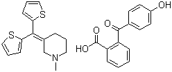 CAS 登录号：31139-87-4, 海苯酸替培啶, 双噻甲哌啶 2-(4-羟基苯甲酰)苯甲酸盐, 3-[二(噻吩-2-基)亚甲基]-1-甲基哌啶 2-(4-羟基苯甲酰)苯甲酸盐 (1:1)