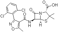 CAS 登录号：3116-76-5, 双氯西林, 双氯青霉素, 双氯苯唑青霉素, (2S,5R,6R)-3,3-二甲基-6-[5-甲基-3-(2,6-二氯苯基)-4-异噁唑甲酰氨基]-7-氧代-4-硫杂-1-氮杂双环[3.2.0]庚烷-2-甲酸