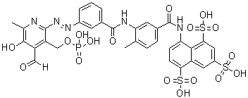 CAS 登录号：312965-57-4, 8-[[3-[[3-[[4-甲酰基-5-羟基-6-甲基-3-[(膦酰氧基)甲基]-2-吡啶基]偶氮]苯甲酰基]氨基]-4-甲基苯甲酰]氨基]-1,3,5-萘三磺酸
