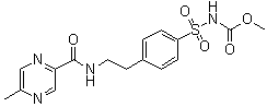 CAS # 33288-74-3, N-[4-[beta-(5-Methylpyrazine-2-carboxamido)ethyl]phenylsulfonyl]methylurethane, N-[[4-[2-[[(5-Methyl-2-pyrazinyl)carbonyl]amino]ethyl]phenyl]sulfonyl]carbamic acid methyl ester