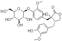 CAS # 33464-78-7, (-)-Nortracheloside, (3S,4S)-3-[[4-(beta-D-Glucopyranosyloxy)-3-methoxyphenyl]methyl]dihydro-3-hydroxy-4-[(4-hydroxy-3-methoxyphenyl)methyl]-2(3H)-furanone