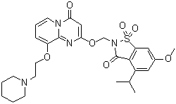 structure of CAS# 344930-95-6, 2-[[6-Methoxy-4-(1-methylethyl)-1,1-dioxido-3-oxo-1,2-benzisothiazol-2(3H)-yl]methoxy]-9-[2-(1-piperidinyl)ethoxy]-4H-pyrido[1,2-a]pyrimidin-4-one