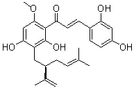 CAS # 34981-25-4, Kuraridine, 2,2',4,4'-Tetrahydroxy-6'-methoxy-3'-(5-methyl-2-isopropenylhex-4-enyl)chalcone, Kuraridin