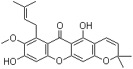 CAS # 35349-68-9, 9-Hydroxycalabaxanthone, Xanthone I, 1,6-Dihydroxy-7-methoxy-8-(3-methylbut-2-enyl)-6',6'-dimethylpyrano(2',3':3,2)xanthone