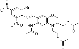 CAS # 3618-72-2, Disperse Blue 79:1, C.I. 11344, 2,2'-((5-Acetamido-4-((2-bromo-4,6-dinitrophenyl)azo)-2-methoxyphenyl)imino)diethyl diacetate, 3-(2,4-Dinitro-6-bromophenylazo)-4-acetamido-6-(N,N-bis(acetoxyethyl)amino)anisole, N-[5-[Bis[2-(acetyloxy)ethyl]amino]-2-[(2-bromo-4,6-dinitrophenyl)azo]-4-methoxyphenyl]acetamide