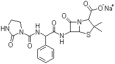 CAS # 37091-65-9, Azlocillin sodium, Sodium [2S-[2a,5a,6b(S*)]]-3,3-dimethyl-7-oxo-6-[[[[(2-oxoimidazolidin-1-yl)carbonyl]amino]phenylacetyl]amino]-4-thia-1-azabicyclo[3.2.0]heptane-2-carboxylate, D-alpha-([Imidazolidin-2-on-1-yl]carbonylamino)benzylpenicillin