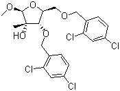 structure of CAS# 443642-31-7, 1-O-Methyl-3,5-bis-O-[(2,4-dichlorophenyl)methyl]-2-C-methyl-alpha-D-ribofuranoside