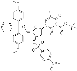 CAS # 444717-23-1, 3-[5-O-[Bis(4-methoxyphenyl)phenylmethyl]-2-deoxy-3-O-[(4-nitrophenyl)sulfonyl]-beta-D-threo-pentofuranosyl]-3,6-dihydro-5-methyl-2,6-dioxo-1(2H)-pyrimidinecarboxylic acid 1,1-dimethylethyl ester