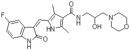 CAS 登录号：452104-85-7, 5-[(Z)-(5-氟-1,2-二氢-2-氧代-3H-吲哚-3-亚基)甲基]-N-[2-羟基-3-(4-吗啉基)丙基]-2,4-二甲基-1H-吡咯-3-甲酰胺