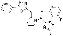 structure of CAS# 483313-22-0, (S)-1-[5-[2-Fluorophenyl]-2-methylthiazol-4-yl]-1-[2-[[5-phenyl-[1,3,4]oxadiazol-2-yl]methyl]pyrrolidin-1-yl]methanone