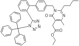 CAS 登录号：503155-66-6, 2-正丁基-5-乙氧羰基甲基-6-甲基-3-[[2'-(N-三苯基甲基四唑-5-基)联苯-4-基]甲基]嘧啶-4(3H)-酮