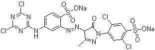 CAS # 5089-16-7, Reactive Yellow 1, 2,5-Dichloro-4-[4-[2-[5-[(4,6-dichloro-1,3,5-triazin-2-yl)amino]-2-sulfophenyl]diazenyl]-4,5-dihydro-3-methyl-5-oxo-1H-pyrazol-1-yl]benzenesulfonic acid sodium salt