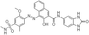 CAS # 51920-12-8, Pigment Red 185, N-(2,3-Dihydro-2-oxo-1H-benzimidazol-5-yl)-3-hydroxy-4-[[2-methoxy-5-methyl-4-[(methylamino)sulphonyl]phenyl]azo]naphthalene-2-carboxamide, Pigment Red HF4C
