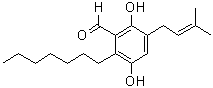 CAS # 523-73-9, Flavoglaucine, 2-Heptyl-3,6-dihydroxy-5-(3-methyl-2-buten-1-yl)benzaldehyde