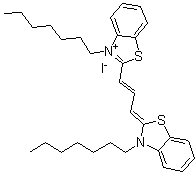 structure of CAS# 53213-88-0, 3-庚基-2-[3-(3-庚基-2(3H)-苯并噻唑亚基)-1-丙烯基]苯并噻唑鎓碘化物