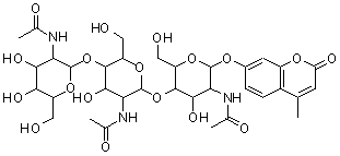 structure of CAS# 53643-13-3, 4-Methylumbelliferyl N,N',N''-triacetyl-beta-chitotrioside