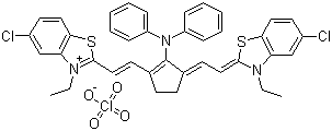 structure of CAS# 53655-17-7, 5,5'-Dichloro-11-diphenylamino-3,3'-diethyl-10,12-ethylenethiatricarbocyanine perchlorate