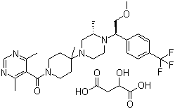 CAS # 541503-81-5, Vicriviroc malate, 1-[(4,6-Dimethyl-5-pyrimidinyl)carbonyl]-4-[(3S)-4-[(1R)-2-methoxy-1-[4-(trifluoromethyl)phenyl]ethyl]-3-methyl-1-piperazinyl]-4-methylpiperidine malate