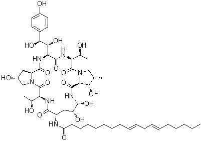 structure of CAS# 54651-05-7, [1(Z,Z),6(2alpha,3beta,4beta)]-(4R,5R)-4,5-Dihydroxy-N2-(1-oxo-9,12-octadecadienyl)-L-ornithyl-L-threonyl-trans-4-hydroxy-L-prolyl-(S)-4-hydroxy-4-(4-hydroxyphenyl)-L-threonyl-L-threonyl-3-hydroxy-4-methyl-L-proline cyclic (6→1)-peptide