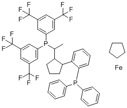 structure of CAS# 565184-33-0, (R)-1-[(R)-1-[Bis[3,5-bis(trifluoromethyl)phenyl]phosphino]ethyl]-2-[2-(diphenylphosphino)phenyl]ferrocene