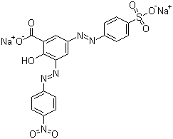 CAS # 5850-12-4, Mordant Brown 18, C.I. 20150, Acid mordant Brown 18, Chrome Brown J, Alizarol Brown G, Acid Chrome Brown G, 2-Hydroxy-3-((4-nitrophenyl)azo)-5-((4-sulfophenyl)azo)benzoic acid disodium salt