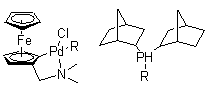 structure of CAS# 614753-51-4, (二-2-降冰片膦)(2-二甲基氨甲基二茂铁-1-基)氯化钯