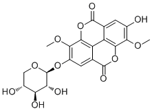 structure of CAS# 62218-23-9, 3,3'-Di-O-methyl-4-O-(beta-D-xylopyranosyl)ellagic acid