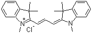 CAS # 6320-14-5, Basic Red 12, 1,3,3,1',3',3'-Hexamethylindocarbocyanine chloride, 1,3,3-Trimethyl-2-[3-(1,3,3-trimethyl-1,3-dihydroindol-2-ylidene)propenyl]-3H-indolium chloride, Acronol Phloxine FF, Aizen Astra Phloxine FF, Aizen Astra Phloxine FF Conc., Astra Phloxine