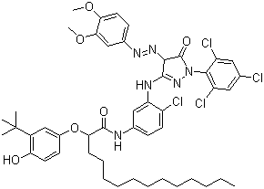 CAS # 65293-90-5, 2-(3-tert-Butyl-4-hydroxyphenoxy)-N-(4-chloro-3-((4-((3,4-dimethoxyphenyl)azo)-4,5-dihydro-5-oxo-1-(2,4,6-trichlorophenyl)-1H-pyrazol-3-yl)amino)phenyl)myristamide, 2-(3-tert-Butyl-4-hydroxyphenoxy)-N-[4-chloro-3-[[4-(3,4-dimethoxyphenyl)diazenyl-5-oxo-1-(2,4,6-trichlorophenyl)-4H-pyrazol-3-yl]amino]phenyl]tetradecanamide