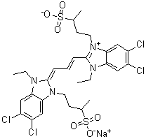 CAS 登录号：66138-06-5, 5,6-二氯-2-[3-[5,6-二氯-1-乙基-1,3-二氢-3-(3-磺基丁基)-2H-苯并咪唑-2-亚基]-1-丙烯基]-1-乙基-3-(3-磺基丁基)-1H-苯并咪唑鎓内盐钠盐