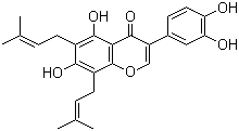 CAS 登录号：66777-70-6, 6,8-二异戊烯基香豌豆苷元, 5,7,3',4'-四羟基-6,8-二异戊烯基异黄酮