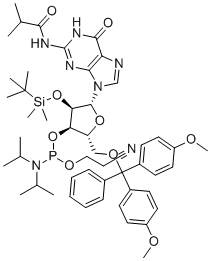 CAS # 679809-76-8, 5'-O-DMT-2'-O-TBDMS-N2-isobutyryl-L-Guanosine 3'-CE phosphoramidite, I-bu-rG Phosphoramidite,N-[9-[(2R,3R,4R,5R)-5-[[bis(4-methoxyphenyl)-phenylmethoxy]methyl]-3-[tert-butyl(dimethyl)silyl]oxy-4-[2-cyanoethoxy-[di(propan-2-yl)amino]phosphanyl]oxyoxolan-2-yl]-6-oxo-1H-purin-2-yl]-2-methylpropanamide