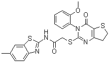 structure of CAS# 686772-17-8, 2-(3,4,6,7-四氢-3-(2-甲氧基苯基)-4-氧代噻吩并[3,2-d]嘧啶-2-基硫基)-N-(6-甲基苯并[d]噻唑-2-基)乙酰胺