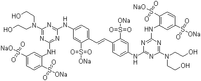 CAS # 68971-49-3, Fluorescent Brightener 264, C.I. 406235, 2,2'-[1,2-Ethenediylbis[(3-sulfo-4,1-phenylene)imino[6-[bis(2-hydroxyethyl)amino]-1,3,5-triazine-4,2-diyl]imino]]bis(1,4-benzenedisulfonic acid) hexasodium salt