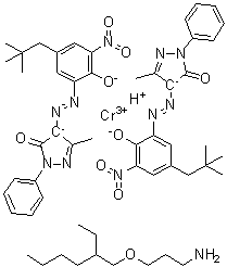 CAS 登录号：72797-07-0, 二[4-[[5-(2,2-二甲基丙基)-2-羟基-3-硝基苯基]偶氮]-2,4-二氢-5-甲基-2-苯基-3H-吡唑-3-酮]氢铬酸与3-[(2-乙基己基)氧基]-1-丙胺的化合物