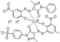CAS # 72854-34-3, [4-[4,5-Dihydro-4-[(2-hydroxy-5-methyl-3-nitrophenyl)azo]-3-methyl-5-oxo-1H-pyrazol-1-yl]benzenesulfonato(3-)][2,4-dihydro-4-[(2-hydroxy-5-nitrophenyl)azo]-5-methyl-2-phenyl-3H-pyrazol-3-onato]dihydrogen chromate